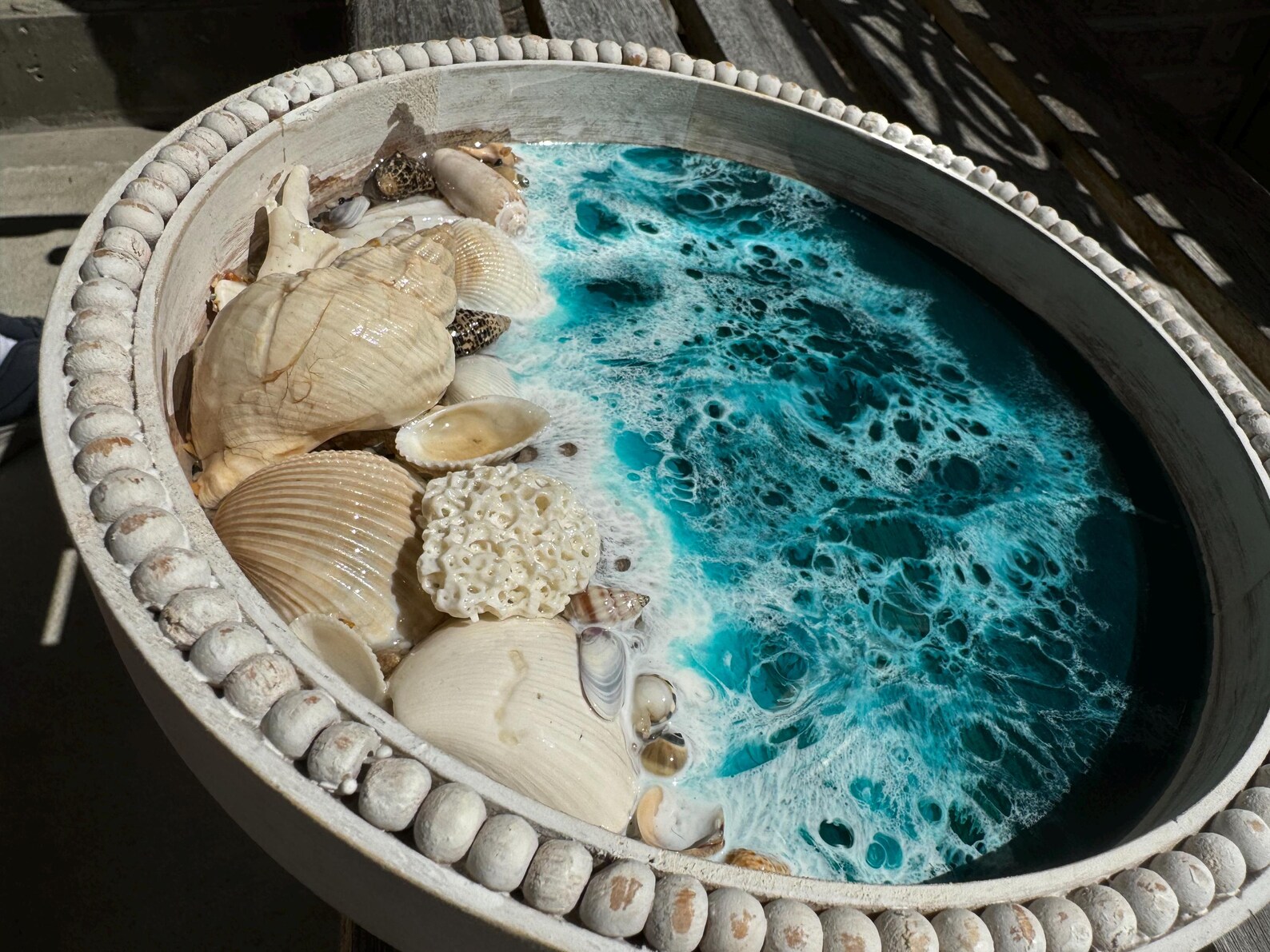 Wood Beach Tray Round Shimmering Dark Teal Blue Water Shells Shoreline ...