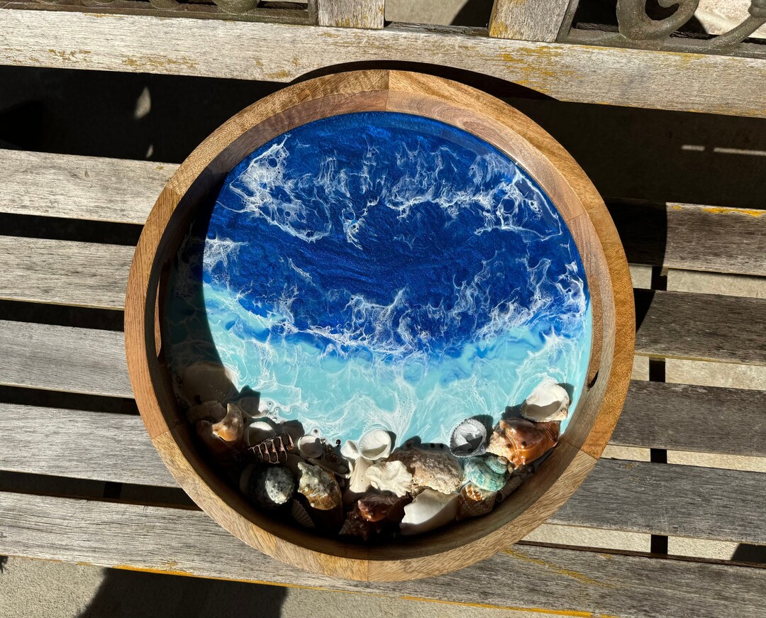 Round Wood Beach Tray Round Shimmery Deep Blue and Light Blue Water so ...