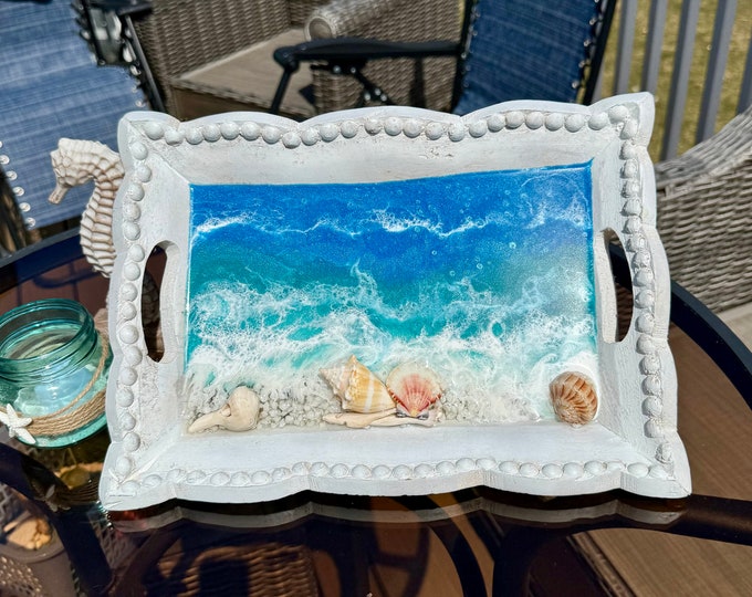 Rustic Distressed White Wood Beach Tray Blue Teal Water White Waves ...