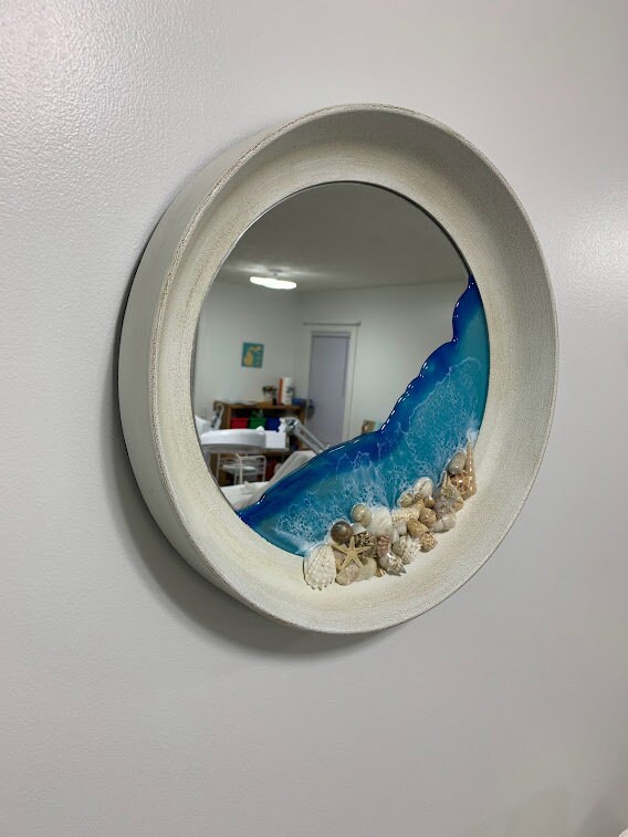 Beach Art Wall Mirror Blue Water Shells Along Shoreline