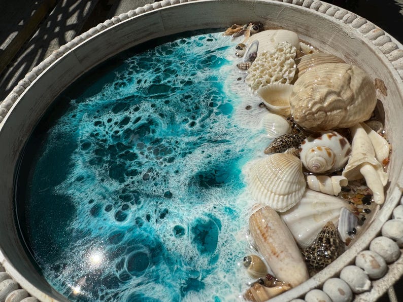 Wood Beach Tray Round Shimmering Dark Teal Blue Water Shells Shoreline ...