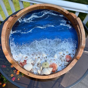 X Large Wood Beach Tray Round Deep Blue Water Shells Sea Urchin ...