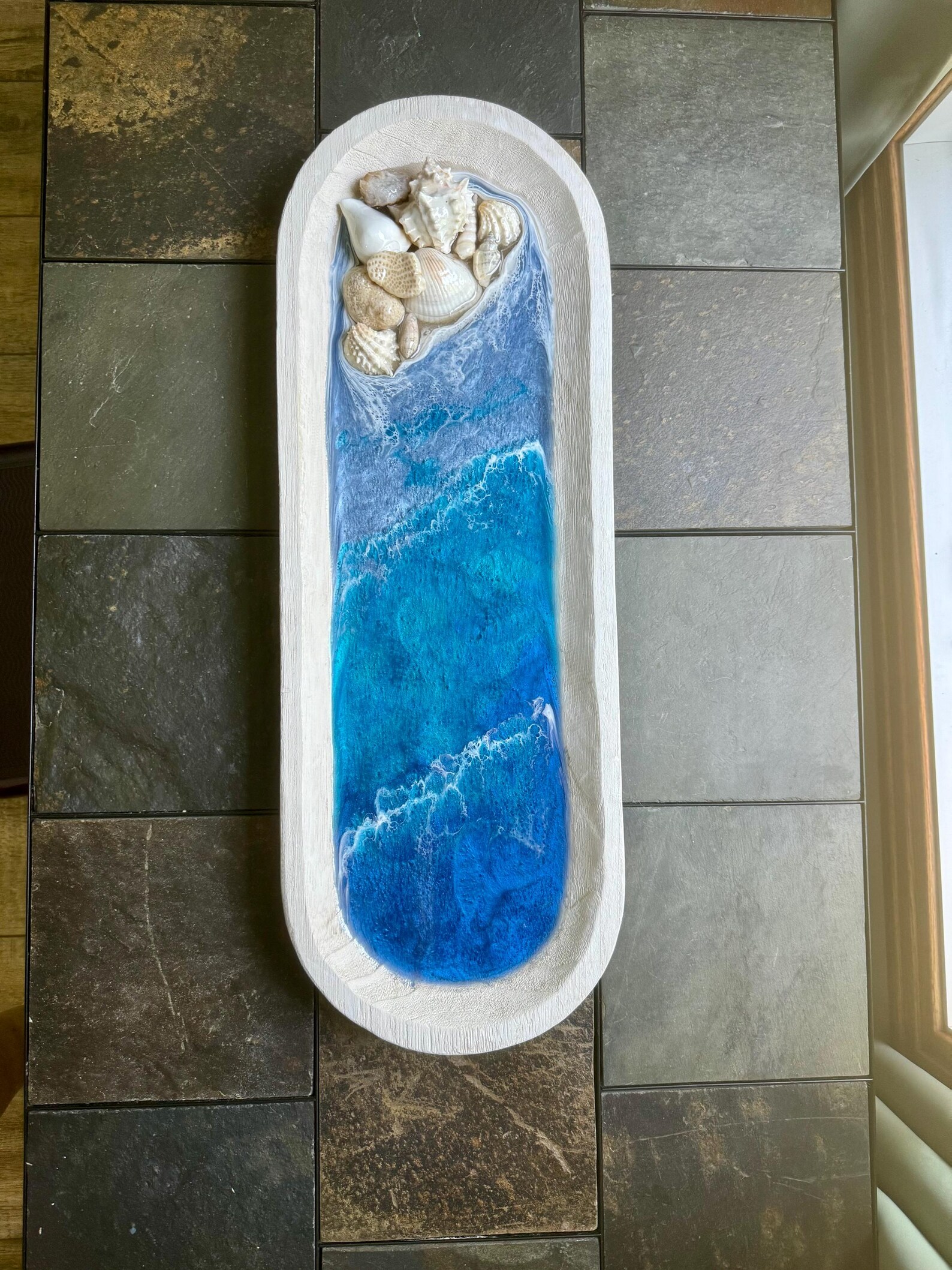 Beach Tray: Rustic White Wood, Shells, Coral, and Epoxy Resin Ocean ...