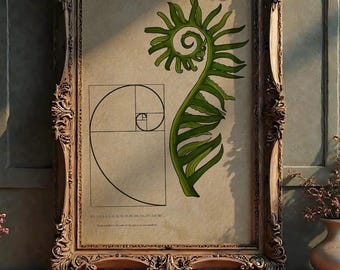 Golden Fern Art Print – Fibonacci Spiral, Naturecore Decor