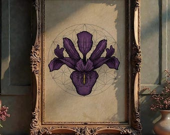 Purple Iris Art Print – Sacred Geometry Botanical Poster