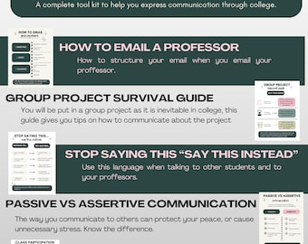 May include: A college communication kit with five guiding pages for students. The kit includes guides on emailing professors, group projects, assertive communication, and class participation. The design is in shades of green, pink, and white.