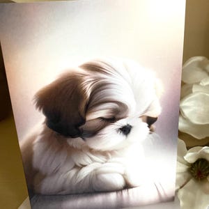 Adorable carte de voeux de prière avec enveloppe (5 x 7) représentant un adorable chiot shih tzu en position de prière.