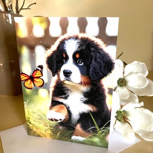 Niedliche Grusskarte (13x18) mit Umschlag mit einem süßen Berner Sennenhund.