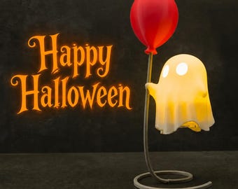 Ghost Night Light with Red Balloon, Spooky LED Lamp for Cozy Decor