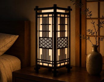 Japanese Kumiko Lamp, Black PLA Accent Table Decor with Seigaiha Pattern