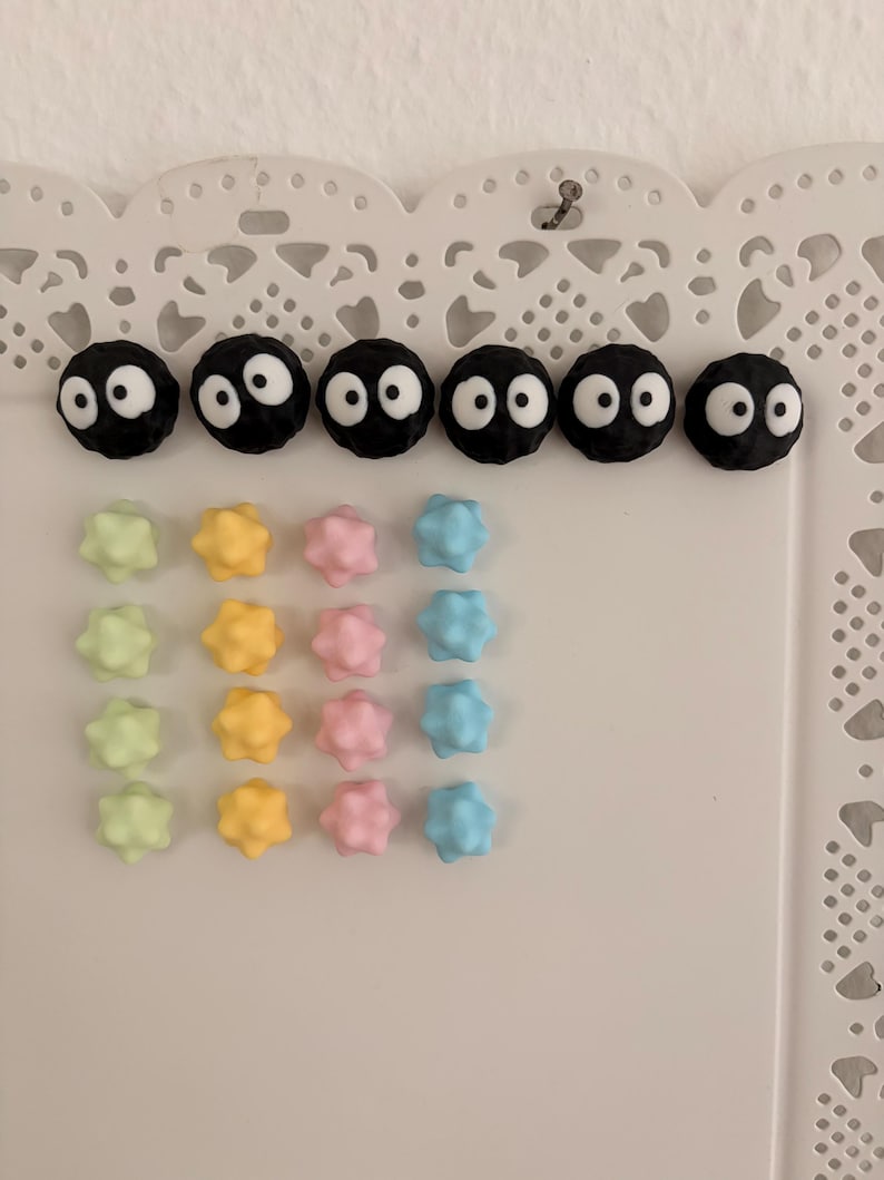 Soot Sprite & Pastel Star Magnet — Studio Ghibli Inspired Fridge Holder 6x Soot + 16x Stars