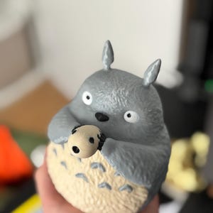 May include: A gray Totoro figurine holding a small, round, light-colored object with black spots. The figurine has large, white eyes and small, pointed ears. The bottom portion is a light beige color with small, dark gray markings.