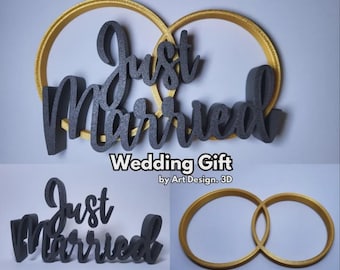 Just Married Wedding Sign – 3D Printed Wedding Decor with Interlocking Rings – Reception Table Decor – Bridal Shower Gift