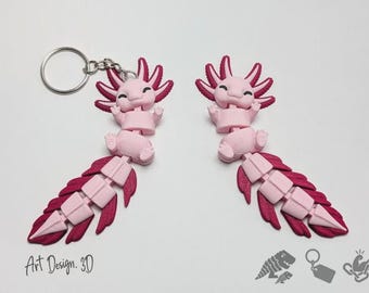Axolotl Keychain, Movable 3D Printed in Pink-Magenta, Fidget Toy