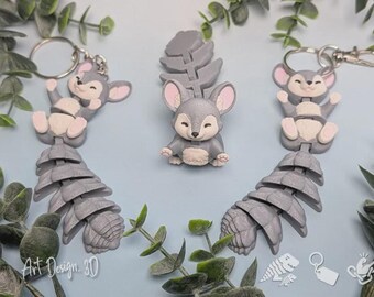 3D Printed Keychain, Movable Chinchilla Made of PLA, Grey-Pink, 12-14 cm