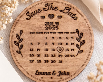 Wooden Save the Date, Personalized Wedding Calendar, Round Laser-Engraved Keepsake