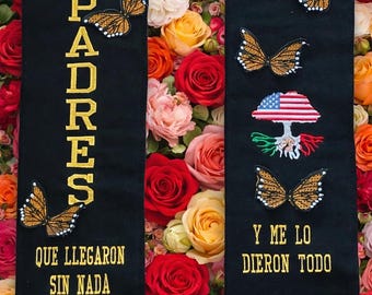 Estola de graduación personalizada 2026, estola bordada con mariposa 3D, faja de graduación tipo sarape, estola mexicana, estola de graduación personalizada