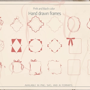 Puede incluir: Un conjunto de 16 marcos dibujados a mano en rosa y negro. Los marcos son de varias formas y tamaños, incluyendo círculos, cuadrados y rectángulos. Los marcos son perfectos para agregar un toque de elegancia a cualquier proyecto.