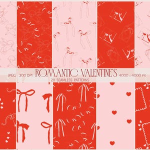 May include: A set of 20 digital seamless patterns featuring romantic Valentine's Day themes. The patterns include hearts, bows, angels, and gift boxes in red and pink colors. The patterns are perfect for creating Valentine's Day cards, invitations, wrapping paper, and other crafts.
