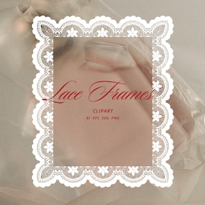 Op de afbeelding: Een digitale afbeelding met een wit kanten frame met een bloemmotief. Het frame omringt een zachte roze achtergrond met de woorden "Lace Frames" in rood script. Onder de tekst staan de woorden "CLIPART" en bestandstype afkortingen.