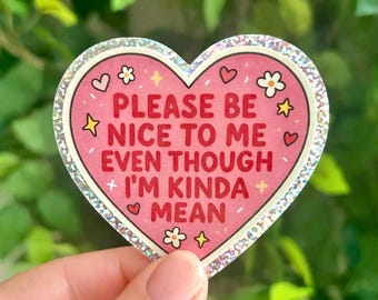 Please Be Nice To Me - Funny Sassy Heart Sticker – Holographic Border, Laptop Decal
