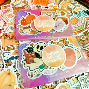 May include: Two packs of autumn-themed stickers with a variety of designs, including pumpkins, ghosts, and books. Each pack has a circular sticker that says "Autumn Sticker Surprise" and the brand name "Ryder and Finn Co."
