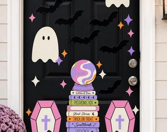 Pastel Halloween Door Decor Kit Printable PDF, Pumpkins, Ghosts & Spell Books, Color + Outline Pages, DIY Print and Cut Decorations