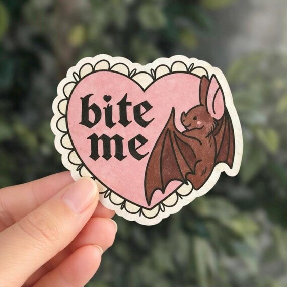 Pastel Gothic Bat Sticker – "Bite Me" Heart, Laptop Decal