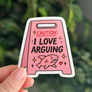 Adesivo engraçado de sinal de advertência rosa – Eu adoro tubarão discutindo