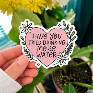 May include: A sticker with a pink heart shape and the text "Have You Tried Drinking More Water". The heart is outlined in white and decorated with white daisies and green leaves. The sticker is held in a person's hand.