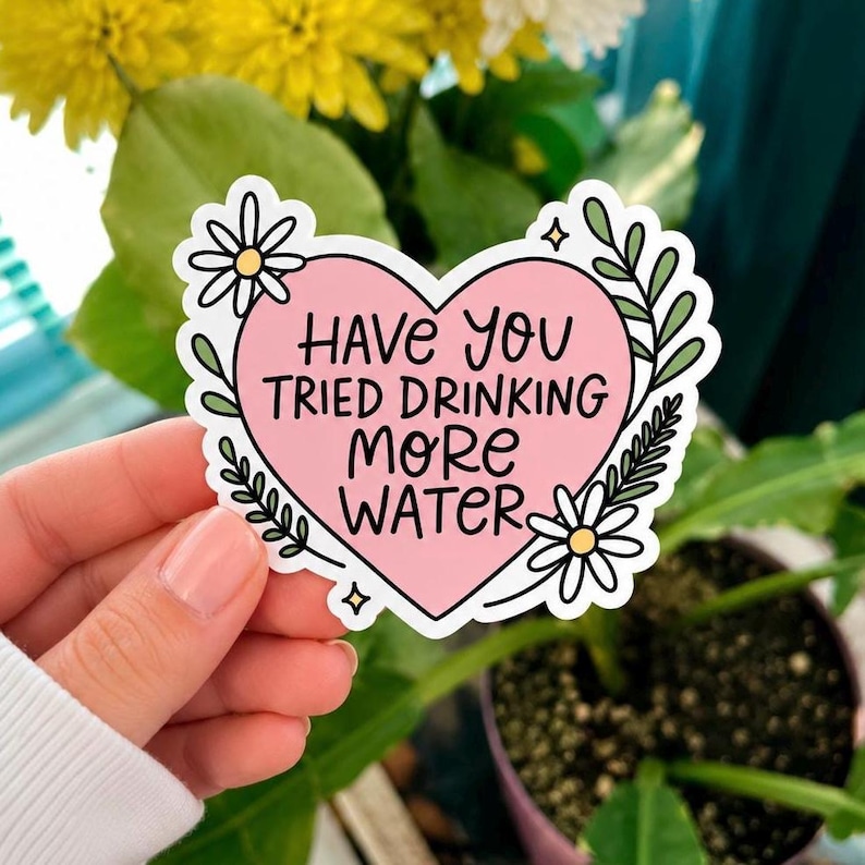May include: A sticker with a pink heart shape and the text "Have You Tried Drinking More Water". The heart is outlined in white and decorated with white daisies and green leaves. The sticker is held in a person's hand.