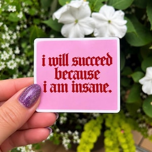 Op de afbeelding: Een rechthoekige sticker met een lichtroze achtergrond en een witte rand. De tekst "i will succeed because i am insane." is in een vetgedrukt, donkerrood gotisch lettertype in drie regels in het midden van de sticker gedrukt.