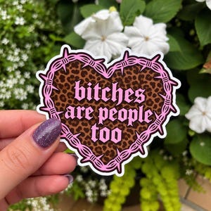 Può includere: Un adesivo a forma di cuore con un motivo leopardato marrone e nero. Il cuore è delineato da un disegno di filo spinato rosa. Il testo "bitches are people too" è stampato al centro in un carattere gotico rosa con un bordo bianco.
