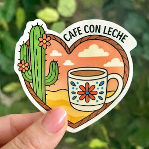 Café Con Leche Vinyl Sticker – Heart, Cactus, Talavera Mug