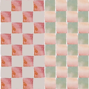 May include: A checkered pattern with alternating squares of pink and light gray on the left side and alternating squares of light green and peach on the right side.