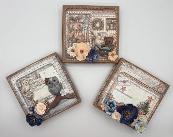 Greeting Cards in a Box: Christmas Owls Teddy Bears Toys Forest (Set of 3)