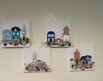 Wall Hangings: Set of 4 Canvas Base Ocean Villages