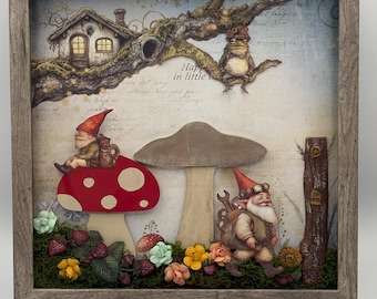Wall Art: Autumn Gnome Frog Mushroom Forest 12 x 12 Shadowbox