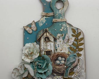 Wall Decor: Charcuterie Board Shabby Chic Teal Blue Birds Farmhouse Floral