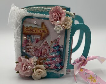 Photo Album/Junk Journal: Coffee Mug Shape Christmas Winter Candy Themed Pink Teal