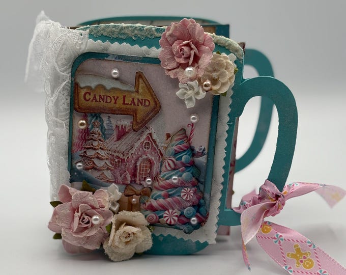Photo Album/Junk Journal: Coffee Mug Shape Christmas Winter Candy Themed Pink Teal