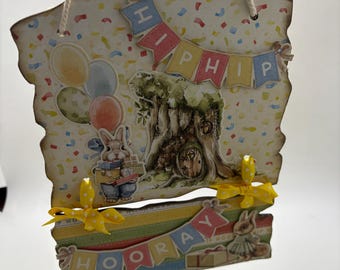 Wall Hanging: Birthday sign Teddy Bear, Rabbit Squirrel hip hip hooray