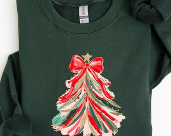 Preppy Christmas Tree Sweatshirt, Red Bow Christmas Sweatshirt for Women, Christmas Tree Tee, Christmas Coquette, Christmas Shirt