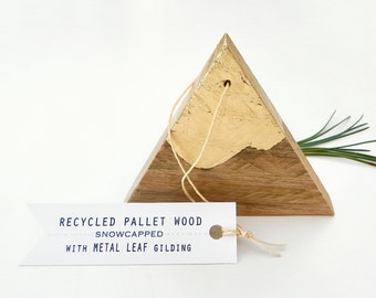 mountain ornament - handmade recycled pallet wood gold Colorado Christmas gift wrapped