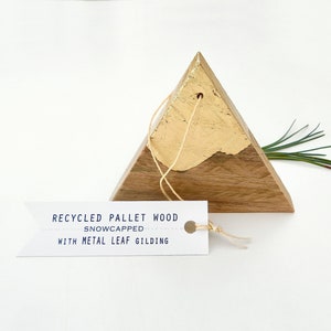 mountain ornament - handmade recycled pallet wood gold Colorado Christmas gift wrapped