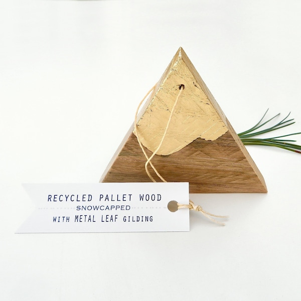 mountain ornament - handmade recycled pallet wood gold Colorado Christmas gift wrapped