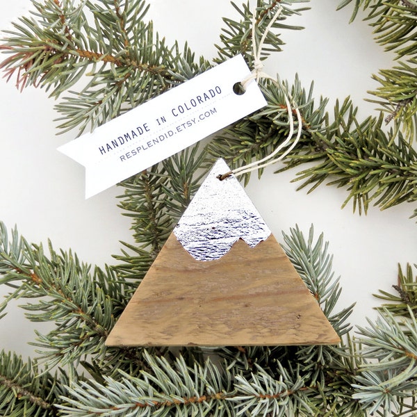 mountain ornament - handmade recycled pallet wood silver Colorado Christmas gift wrapped