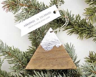 mountain ornament - handmade recycled pallet wood silver Colorado Christmas gift wrapped
