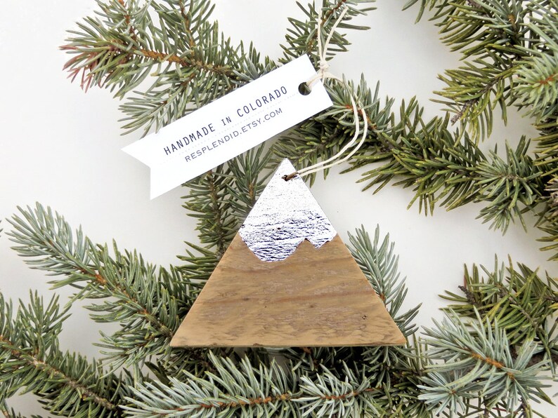 mountain ornament handmade recycled pallet wood silver Colorado Christmas gift wrapped image 1