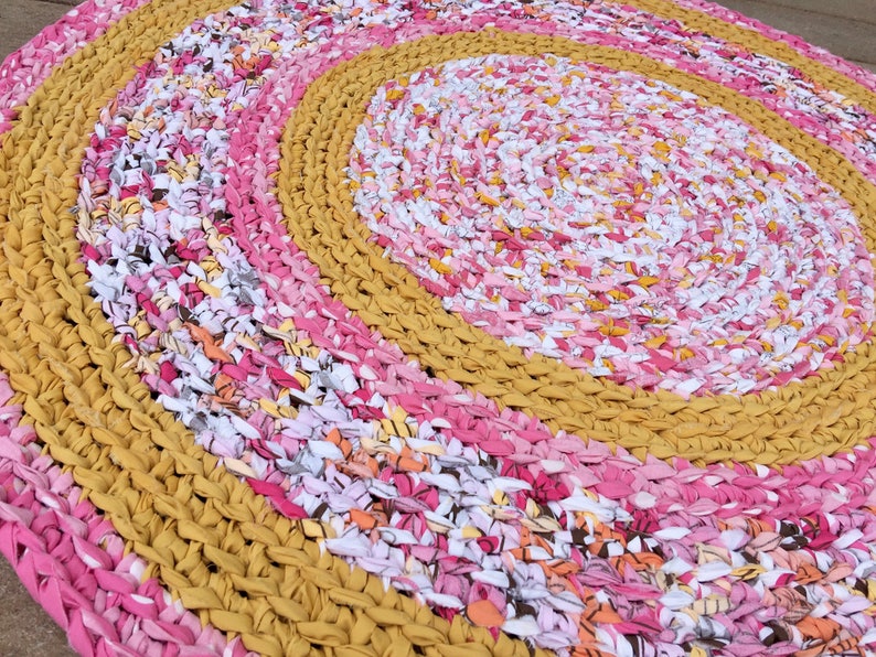 Rag Rug Pink Yellow Orange Round Recycled Crochet Etsy